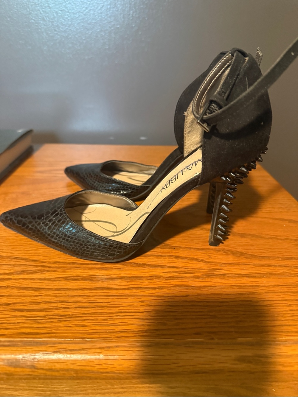 Sam and Libby Black Pointed Spike-Heel Ankle-Strap Pumps with Textured Upper